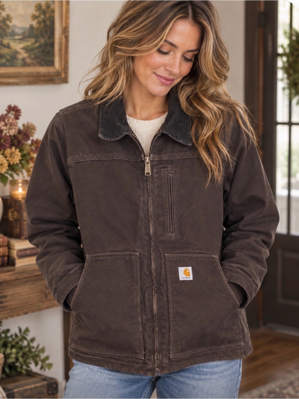 Vintage Carhartt Dark Brown Sandstone Ridge C61 Lined Canvas Jacket. Size Medium